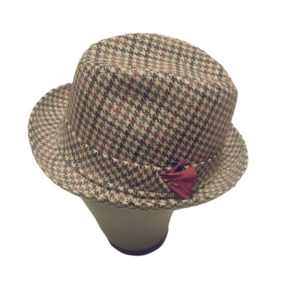 Vintage Brown Red Gingham Tweed Fedora Hat Structured Unisex OS main image 2